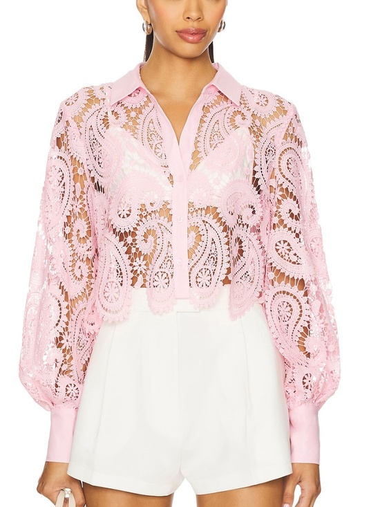 L'AGENCE Tops - L'Agence ODELIA Blush Pink Lace Crop Cropped Button Down Top - With Tags - XS